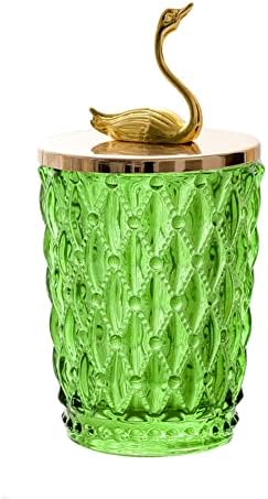 Fashion Luxury Glass Swan Shape Q-Tip and Cotton Ball Swab Holder Toothpick Holder Container Dispenser Organizer with Lid for Bathroom Kitchen (Green)
