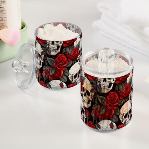 Elegant Skulls with Red Roses Flowers Clear Plastic Jars Set of 2, Apothecary Jars with Lids Bathroom Storage Organizer for Cotton Ball, Swab, Floss, Makeup Sponges, Hair Clip 10 Oz