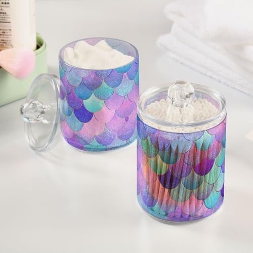 MNSRUU 2 Pack Qtip Holder Organizer Dispenser Pink Blue Mermaid Scales Bathroom Storage Canister Cotton Ball Holder Bathroom Containers for Cotton Swabs/Pads/Floss