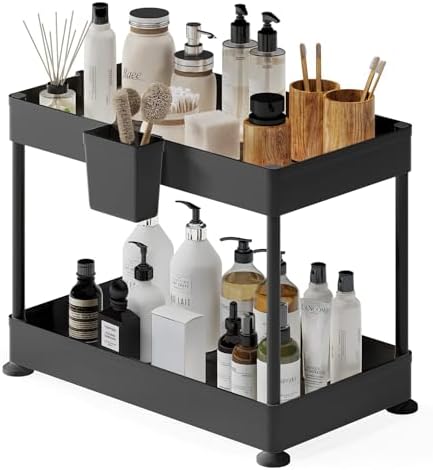 2-Tier Under Sink Organizer, Black, Plastic, Non-Slip Rubber Legs, Hanging Hooks, Drain Holes, Quick-Access Caddy