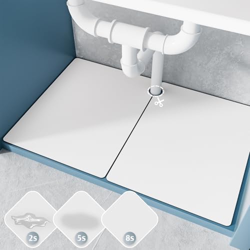 VERIFOST Under Sink Mat for Kitchen, 2 Piece Super Absorbent Undersink Mats for Bottom of Kitchen Sink, 34" X 22" Cuttable Under Sink Liner, Quick-Dry Under Bathroom Sink Mat, White