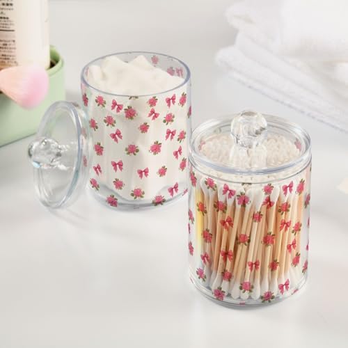 ALAZA Rose Flower Bow White 2 Pack Qtip Holder Dispenser for Cotton Swabs, Balls, Pads, Floss 10 oz Plastic Canister Organizer