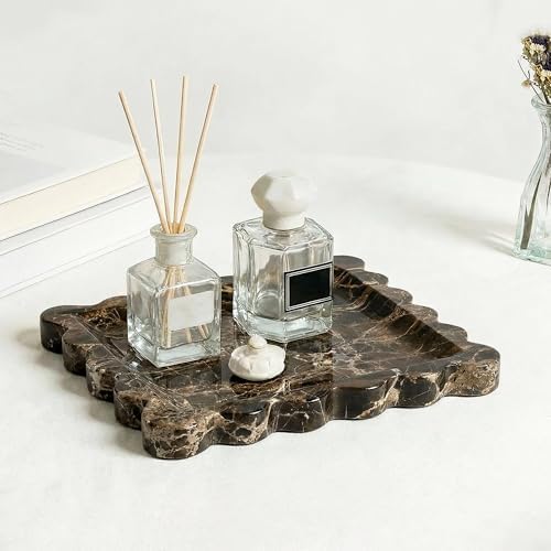 Scalloped Square Marble Decorative Tray, Natural Stone Vanity & Jewelry Tray, Trinket Organizer for Ring, Key, Dresser, Nightstand, Bathroom Counter & Kitchen Sink(Dark Brown Net)