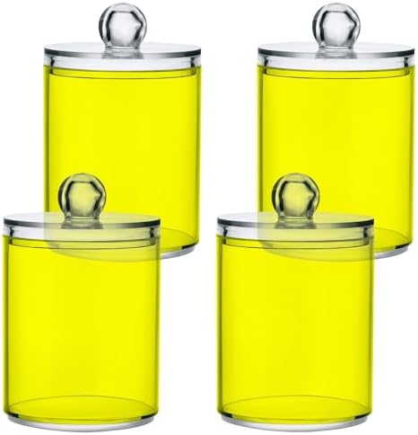 Gredecor 4 Pack Yellow Qtip Holder Organizer Dispenser Clear Bathroom Storage Canister Cotton Ball Holder Bathroom Containers for Cotton Swabs/Pads/Floss