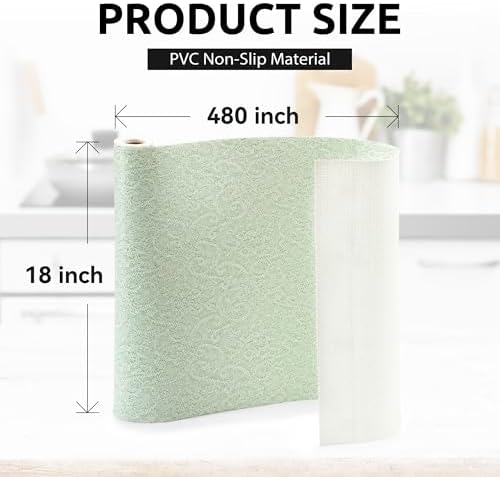 18X480 Inch Shelf Liner with Scissor & Tape Measure for Kitchen Cabinets, PVC Drawer Liner for Dresser Non-Slip Bathroom, Non-Adhesive Cabinet Liner Washable (Green)