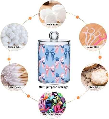 2 Pack Qtip Holder Dispenser for Cotton Ball Pink Bow Blue Pattern Swab Round Pads Clear Plastic Acrylic Jar Set Bathroom Canister