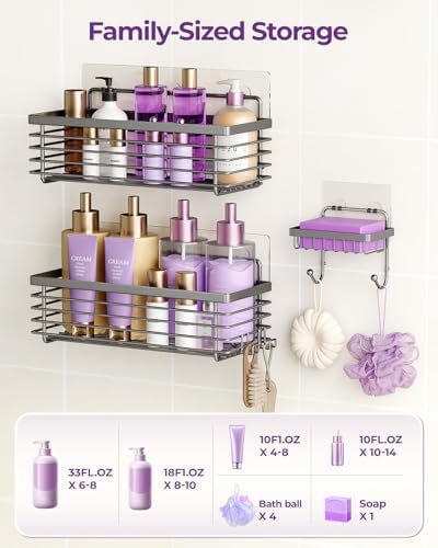 Shower Caddy Adhesive 3 Pack Stainless Steel Storage Organizers-Grey