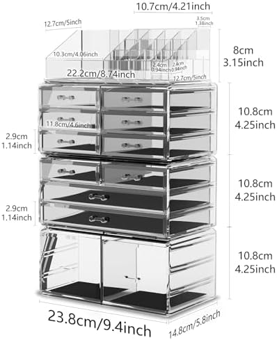 Readaeer Makeup Cosmetic Organizer Storage Drawers Display Boxes Case with 12 Drawers(Clear)