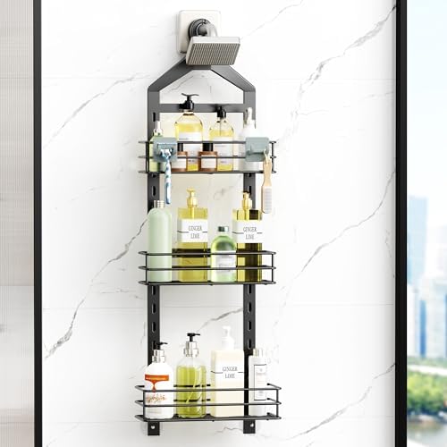 Orimade Adjustable Anti-slip Shower Caddy over Head, Rustproof Bathroom Hanging Organizer with 2 Hooks for Razor, No Drilling Shower Shelves Storage Rack 3 Tier, Black