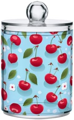 MNSRUU 4 Pack Qtip Holder Organizer Dispenser Cherries and Flowers Pink Bathroom Storage Canister Cotton Ball Holder Bathroom Containers for Cotton Swabs/Pads/Floss