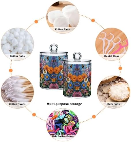 MNSRUU 4 Pack Qtip Holder Organizer Dispenser Floral Daisy Bee Spring Bathroom Storage Canister Cotton Ball Holder Bathroom Containers for Cotton Swabs/Pads/Floss