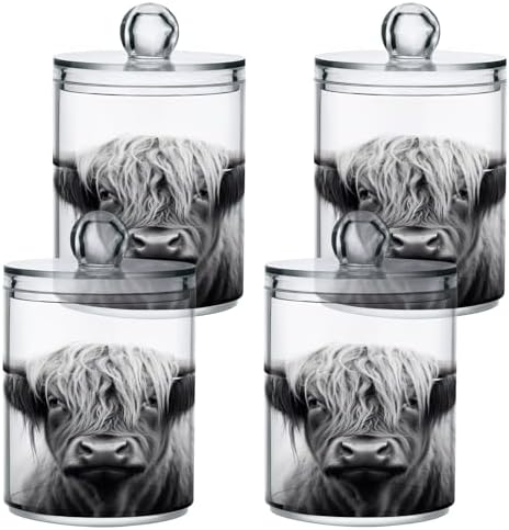 Apothecary Jars Bathroom Storage Organizer with Lid - 14 oz Qtip Holder Dispenser, Highland Cow Clear Plastic Canister for Cotton Swab, Cotton Ball, 2PCS