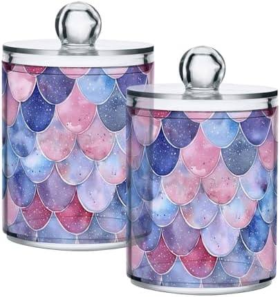 senya Clear Plastic Jars Cotton Swabs Cans, Watercolor Mermaid Scales Bathroom Canisters Storage Organizer with Lids 2PCs Set for Cotton Ball, Cotton Swab, flossers, Hair Bands