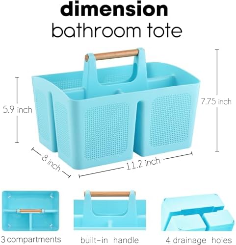 ALINK Portable Shower Caddy Basket with Compartments, Plastic Divided Cleaning Caddy Organizer Storage Tote with Handle for Bathroom, College, Dorm Room Essentials - Blue