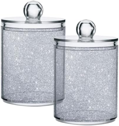 ALAZA Silver Cotton Ball Holder Shiny Silver Qtip Holder 2 Pack Cotton Swab Dispenser Round Pads Clear Plastic Acrylic Jar Set Bathroom Canister