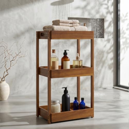 BEEFURNI 3-Tier Corner Standing Acacia Wood Shower Caddy Organizer