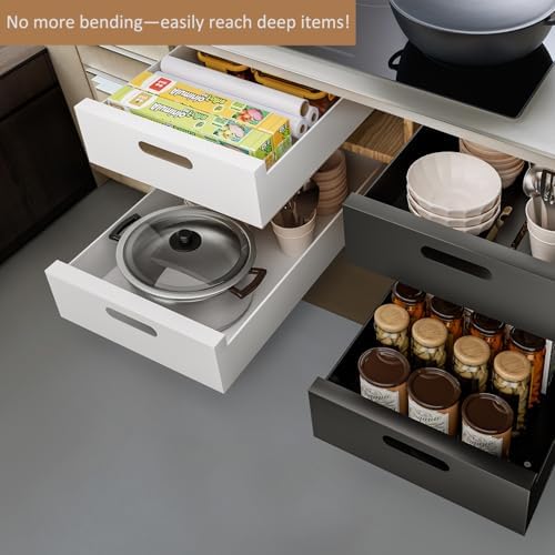 HBL' 2 Pack | 21" Deep Pull Out Cabinet Organizer Adhesive, 12-Inch Wide Sturdy Carbon Steel Roll-Out Drawers, Designed for Frameless Cabinets, Slide-Out Shelves for Pantry.