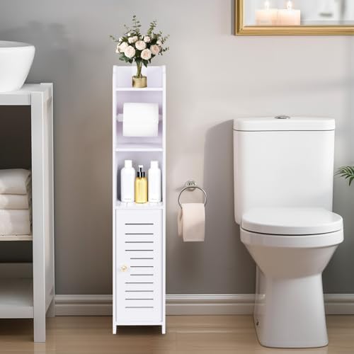 LuiceABC Toilet Paper Holder Stand, Over The Toilet Storage Cabinet for Bathroom, Slim Corner Shelf for Small Space Storage, Small Bathroom Storage Cabinet with Toilet Roll Holder & Door - White