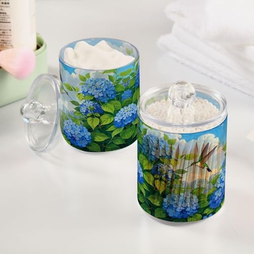 MNSRUU 4 Pack Qtip Holder Organizer Dispenser Floral Hydrangea Hummingbird Bathroom Storage Canister Cotton Ball Holder Bathroom Containers for Cotton Swabs/Pads/Floss