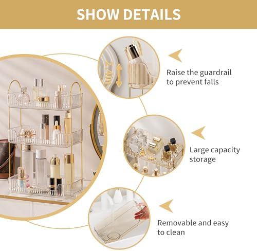 YCIA&DONE Bathroom Organizer Countertop, Makeup Storage, Skincare Cosmetic Tray Shelf, Perfume Holder Rack for Vanity Counter, Large Capacity, Easy to Install, Clean, 3 Tiers, Clear White