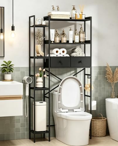 Over The Toilet Storage with 2 Drawers - 7 Tier Bathroom Organizer with Adjustable Shelf, Freestanding Space Saver Storage Rack Above Toilet Stand with Hooks for Small Restroom, Laundry(Black)