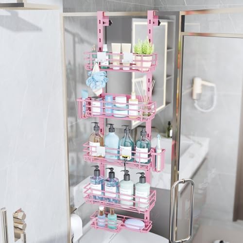 Consumest Over The Door Shower Caddy - 5 Tier Adjustable Shower Organizer Hanging with 2 Toothbrush Holders & 4 Hooks, Rustproof Organizer Shelf, Storage Rack for Bathroom, Pink