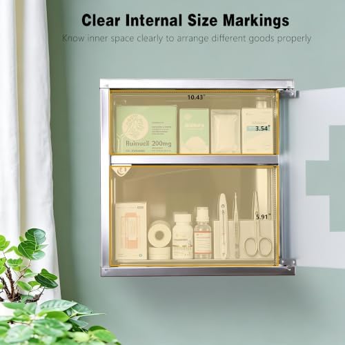 Locking Stainless Steel Medicine Cabinet, 2 Tier Wall Mounted Storage Cabinet, Durable Stainless Steel, Surface or Flush Mount, Ideal for Home, Office or First Aid, 11.8 in. x 4.7 in. x 11.8 in