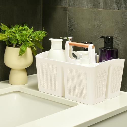 ALINK Portable Shower Caddy Basket with Compartments, Plastic Divided Cleaning Caddy Organizer Storage Tote with Handle for Bathroom, College, Dorm Room Essentials - Beige