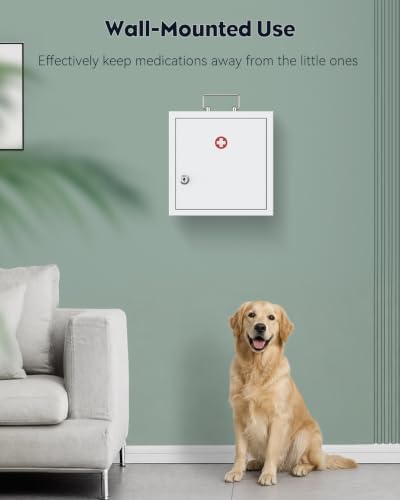 Uniclife Wall Mount Medicine Cabinet with Key Lock & Handle Locking First Aid Cabinet Lockable Medical Cabinet Medium Medicine Organizer Secure Steel Wall Cabinet Metal Storage Box, White