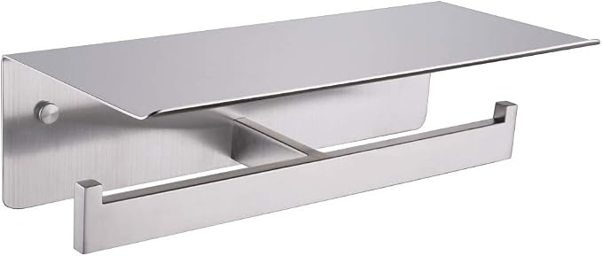 APLusee Double Toilet Paper Holder with Shelf, 304 Stainless Steel Brushed Nickel Bathroom Tissue Holder, Commercial Paper Roll Dispenser Wall Mounted