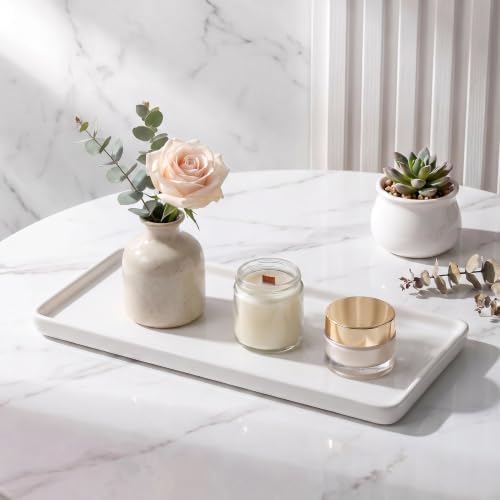 8″ x 3.7″ Ceramic Vanity Tray, Decorative Rectangular Organizer for Bathroom Countertop, Dresser Top, Kitchen & Bathtub, for Soap, Perfume, Candle, Jewelry & Cosmetics (White)