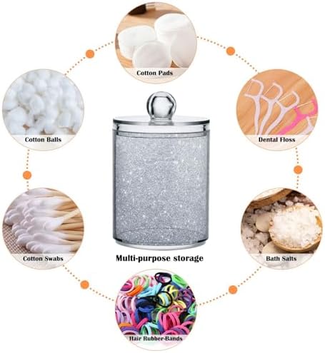 ALAZA Silver Cotton Ball Holder Shiny Silver Qtip Holder 2 Pack Cotton Swab Dispenser Round Pads Clear Plastic Acrylic Jar Set Bathroom Canister