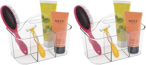 mDesign Small Plastic Shower/Bath Storage Organizer Caddy Tote with Handle for Dorm, Shelf, Cabinet - Hold Soap, Shampoo, Conditioner, Combs, Brushes, Lumiere Collection, Clear (Pack of 2)