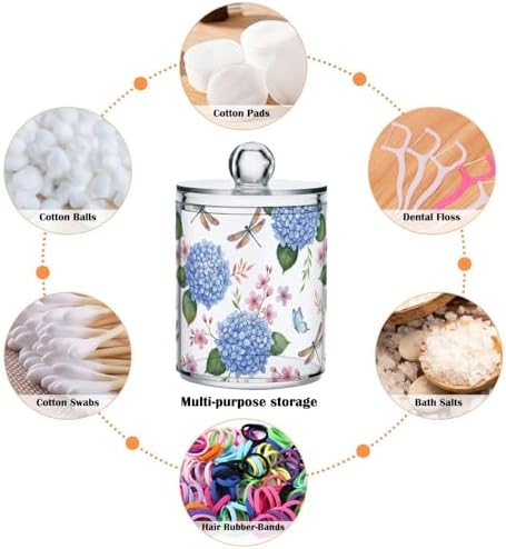 ALAZA Blue Hydrangea Flower Dragonfly Butterfly 4 Pack Qtip Holder Dispenser for Cotton Swabs, Balls, Pads, Floss 10 oz Plastic Canister Organizer