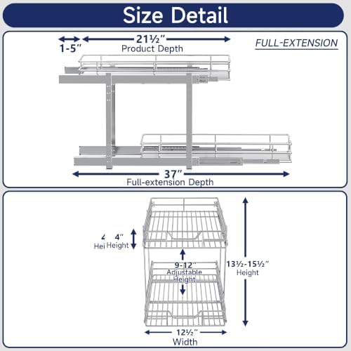 2-Tier Pull Out Cabinet Organizer, 12.5" W x 21.5" D, Heavy Duty Dual Slide Out Shelves for Narrow Base Cabinets, Chrome Wire Basket Drawer for Spices, Bottles & Snacks