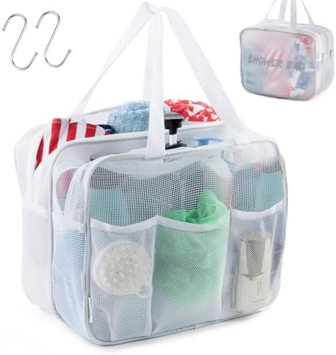 Large Mesh Shower Caddy with Wet & Dry Zones – Portable Hanging Toiletry Bag for College Dorm Room Essentials, Travel, Gym, Camping, Beach Tote Bag – Quick-Dry Shower Tote Organizer