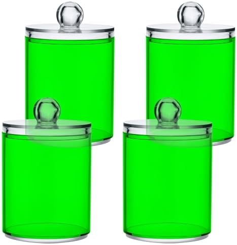 Gredecor 4 Pack Green Qtip Holder Organizer Dispenser Clear Bathroom Storage Canister Cotton Ball Holder Bathroom Containers for Cotton Swabs/Pads/Floss