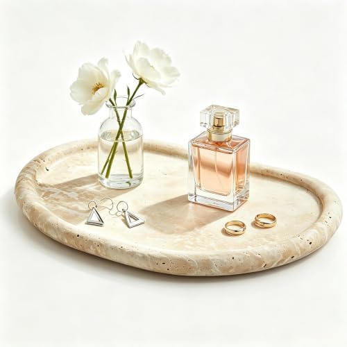Natural Travertine Tray,Marble Ring Dish for Bathroom,Special-Shaped Jewelry Tray,Dressing Table, Bedside Table,Home Decor,Beige Large (NS030)