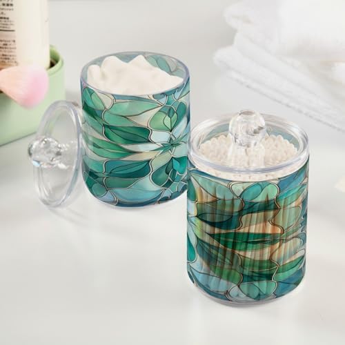 senya Clear Plastic Jars Cotton Swabs Cans, Turquoise Flower Pattern Bathroom Canisters Storage Organizer with Lids 2PCs Set for Cotton Ball, Cotton Swab, flossers, Hair Bands