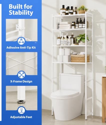 4-Tier Over The Toilet Storage Rack, Bathroom Organizer with One-Piece Metal Mesh Shelves, Over Toilet Shelf with Adjustable Feet & Anti-Tip Kit, Space-Saving Bathroom Storage, White