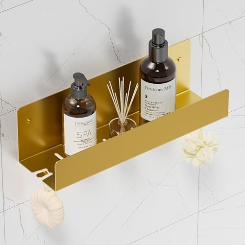 Qeke Shower Caddy, 12" Bathroom Shelf Organizer with 2 Hooks, SUS304 Stainless Steel Floating Shelves with Large Capacity, Rustproof Rack for Inside Shower, Brushed Golden