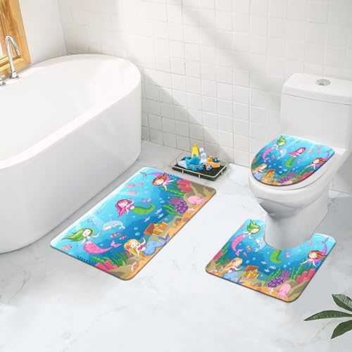 4 Pcs Mermaid Bathroom Set Sea Ocean Shower Curtain Sets with Non-Slip Rugs Toilet Lid Cover and Bath Mat Set, Kids Girl Bathroom Decor with 12 Hooks