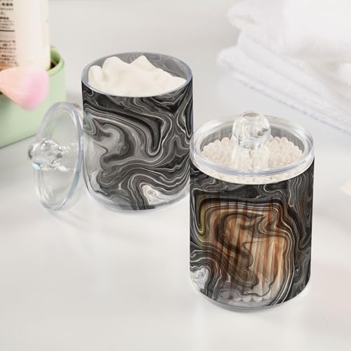 MNSRUU 2 Pack Qtip Holder Organizer Dispenser Black Ink Marble Bathroom Storage Canister Cotton Ball Holder Bathroom Containers for Cotton Swabs/Pads/Floss