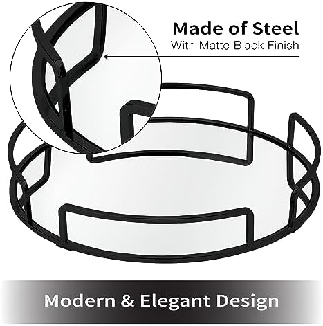 Home Details Rounded Mirrored Vanity Tray | Dimensions : 12.99" L x 12.99" W x 2.05" H | Glass Base | Great for Cosmetics | Jewelry | Toiletries | Decorative Organizer | Matte Black