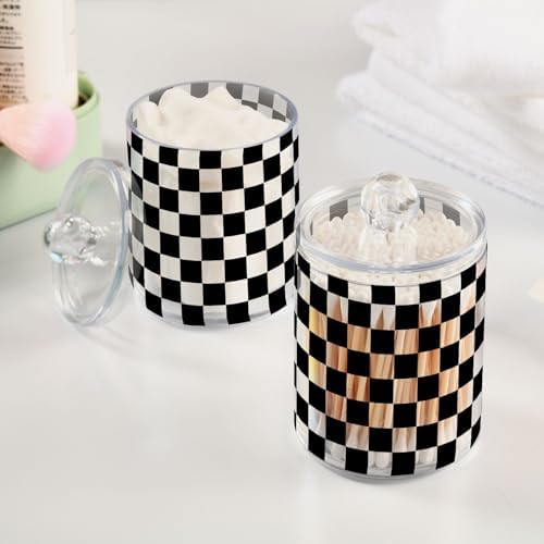 ALAZA 4pcs Black White Checkered Plaid Qtip Holder Dispenser 14 oz Bathroom Storage Clear Apothecary Jars Containers Cotton Ball,Cotton Rounds,Floss Picks, Hair Clips, Food