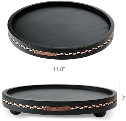 Round Wooden Decorative Tray Coffee Table Tray Home Decor 11.8" Strip Black