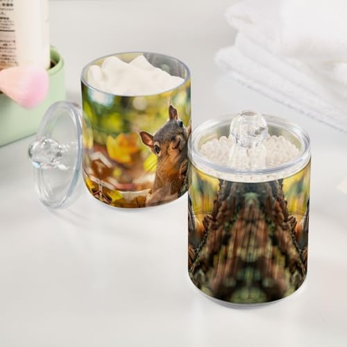 Squirrel Peeking Pattern Qtip Holder 4 Pack - 10 Oz Clear Plastic Apothecary Jar Set for Bathroom Organization - Versatile Canister Storage for Cotton Balls, Swabs, Rounds