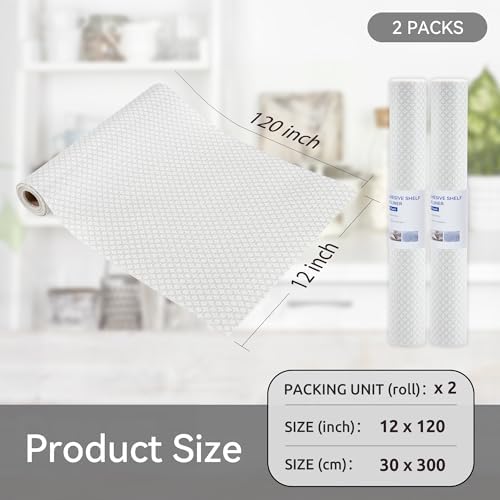 FIFTY FEET 12"x120" Non-Adhesive Shelf Liner for Kitchen Cabinets and Drawers, Washable Non-Slip PVC Cabinet Liner (White Circle)(2 Roll)