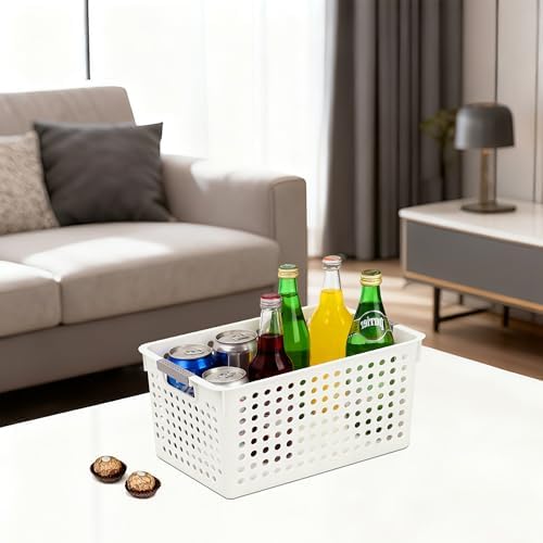 Soddeph 4 Pack Plastic Deep Storage Basket with Handles, Cubbies Organizer Bins with Hollow Design for Under Counter, Closet, Kitchen or Bathroom 12.3" × 8.7" × 6.9"(White, Medium)