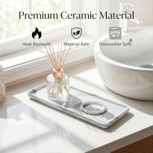 8″ x 3.7″ Ceramic Vanity Tray, Decorative Rectangular Organizer for Bathroom Countertop, Dresser Top, Kitchen & Bathtub, for Soap, Perfume, Candle, Jewelry & Cosmetics (Marble-Grey)